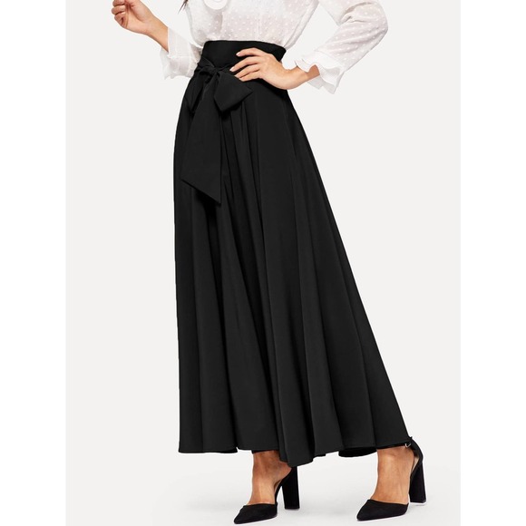 High Waist Zip Back Knotted Swing maxi Skirt black - Picture 5 of 11